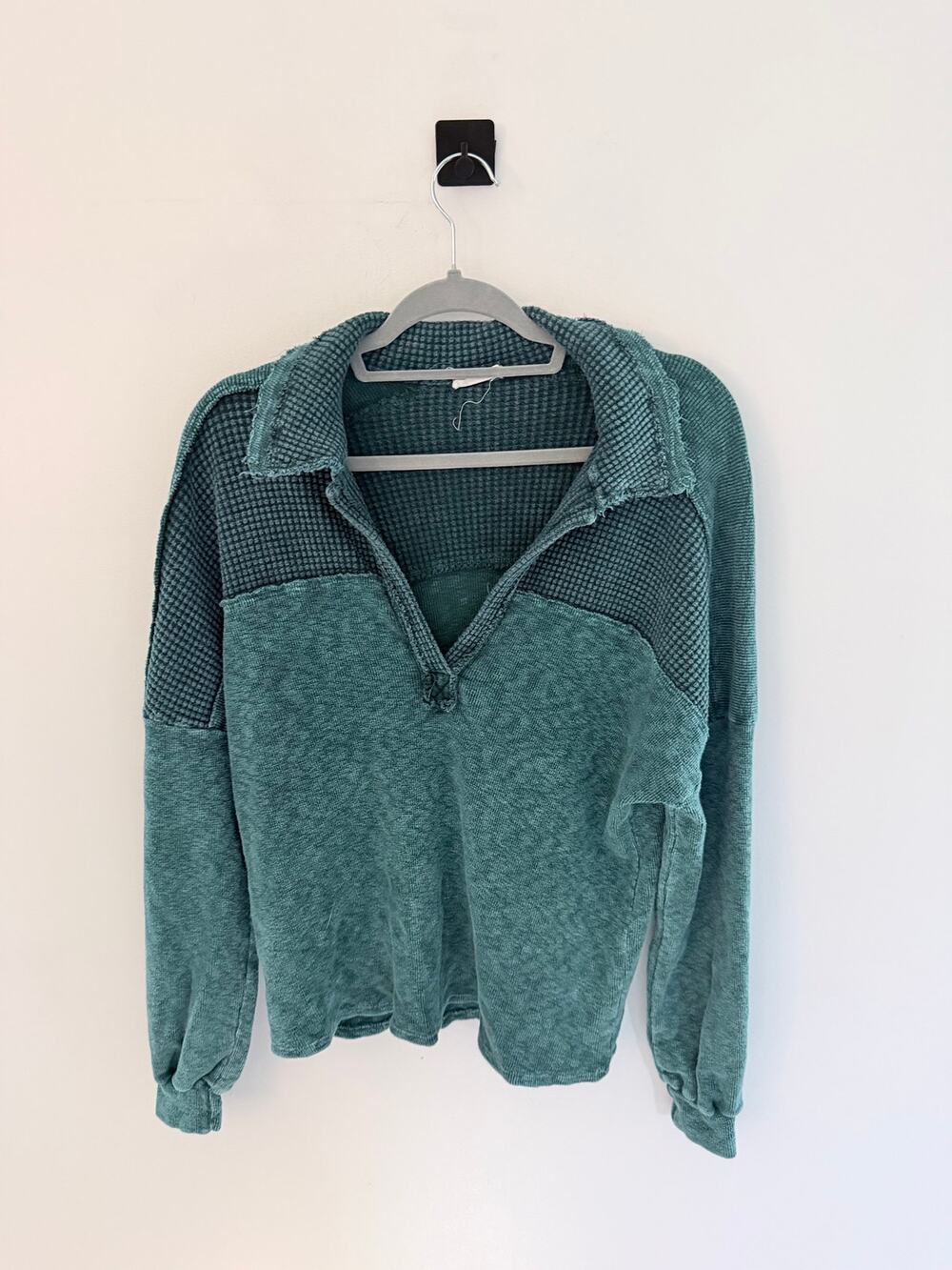 J. Her Mineral-Washed Teal Green Thermal Waffle Oversized Pullover-Size S